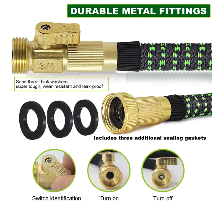 100FT WITH 10 SPRAY MODES, DURABLE BRASS CONNECTORS FOR OUR EXPANDABLE GARDEN HOSE